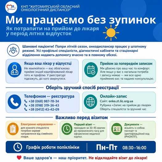 «Ми працюємо без зупинок»: як потрапити на прийом до Житомирського обласного онкодиспансеру в період літніх відпусток «Ми працюємо без зупинок»: як потрапити на прийом до Житомирського обласного онкодиспансеру в період літніх відпусток